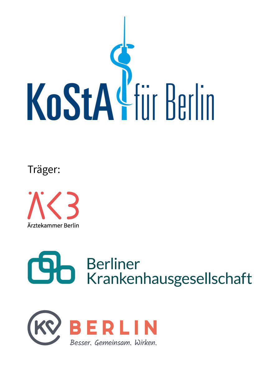 Logos der Träger der KoStA Berlin: Ärztekammer Berlin, Berliner Krankenhausgesellschaft, Kassenärztliche Vereinigung Berlin