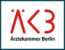 Logo mit einem großen roten Ä ohne Mittelstrich, einem großen roten K ohne senkrechten Strich und einem großen roten B ohne senkrechten Strich auf weißem Hintergrund, darunter der Schriftzug "Ärztekammer Berlin"