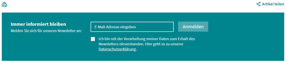 Kasten für die Newsletter-Anmeldung, die Druck-Funktion oben links und die Teilen-Funktion oben rechts