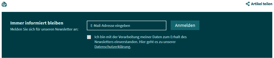 Kasten für die Newsletter-Anmeldung, die Druck-Funktion oben links und die Teilen-Funktion oben rechts